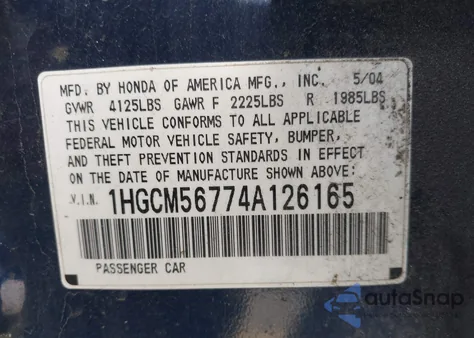 2004 Honda Accord 2.4 Ex z USA, uszkodzony, nr VIN 1HGCM56774A126165